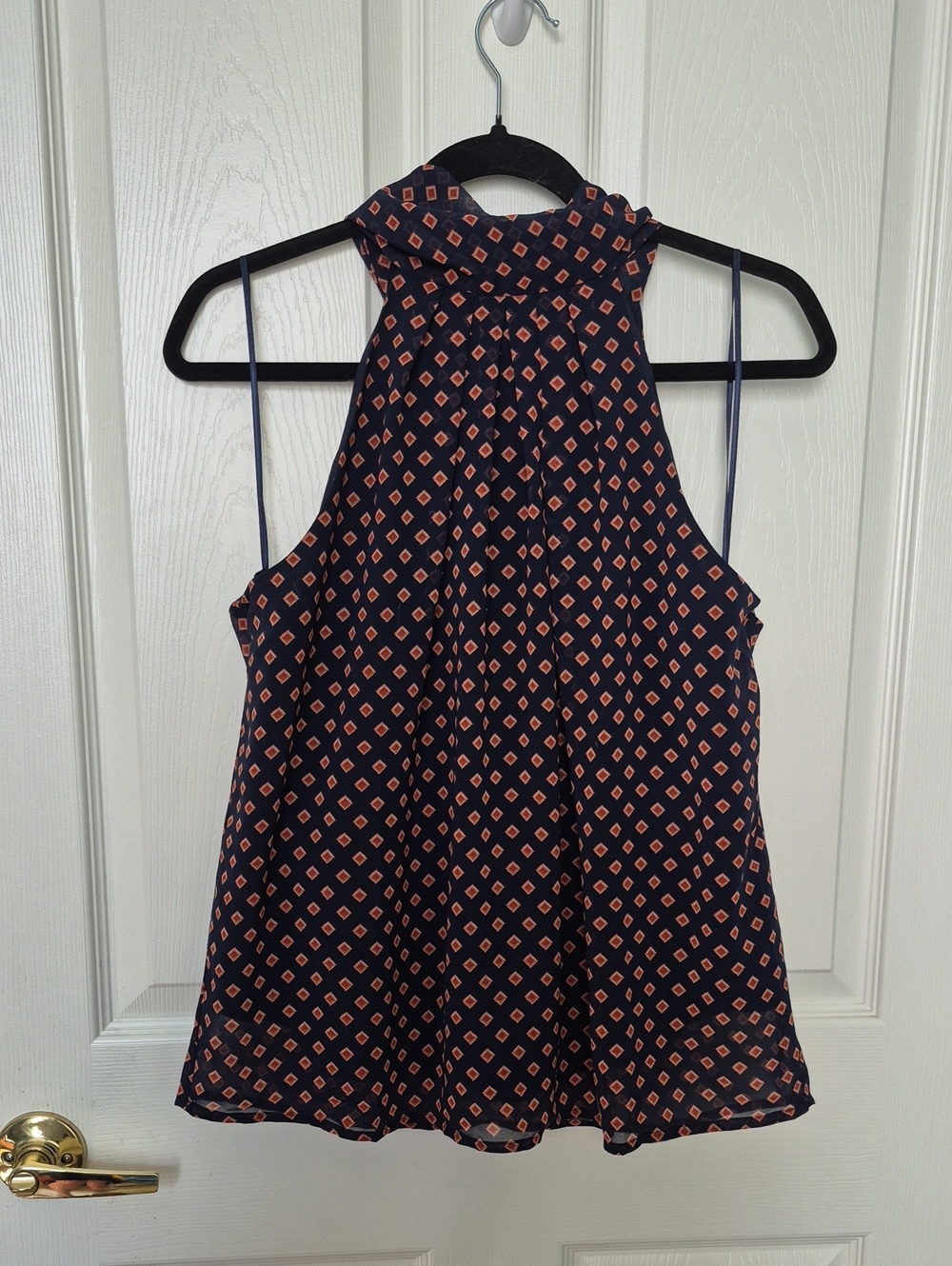 Banana Republic Navy Halter Blouse with Red And Orange Diamond Print